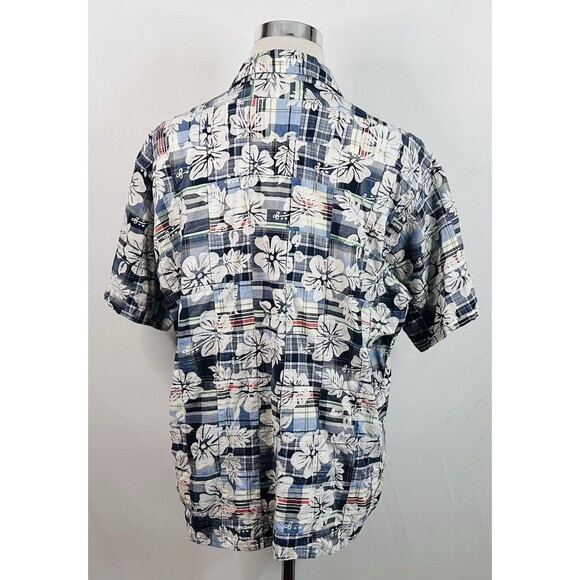 Orvis XL Hawaiian Shirt Patchwork Plaid Floral Print Blue White Short Sleeve - Picture 4 of 4